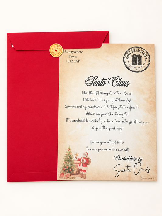 Personalised Letters From Santa Claus with red envelope displayed on a clean cream background