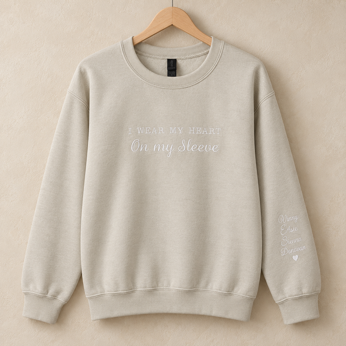 Personalised stone Mama sweatshirt with names embroidered on the sleeve