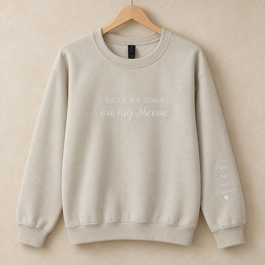 Personalised stone Mama sweatshirt with names embroidered on the sleeve