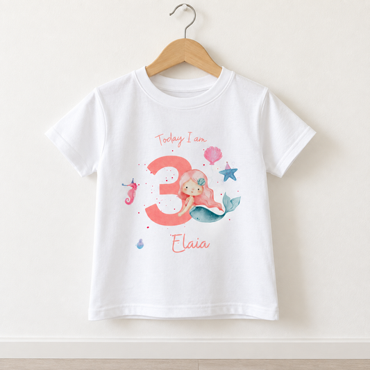 Personalised children's mermaid birthday T-shirt with custom age and name