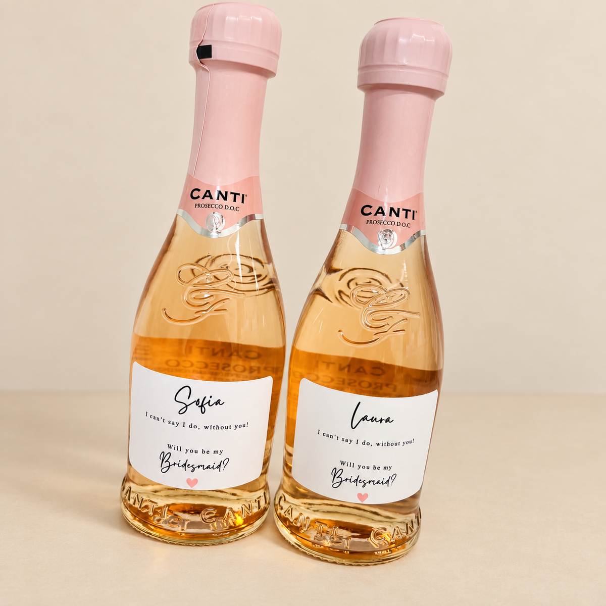 Personalised bridesmaid proposal mini prosecco bottles for Sofia and Laura