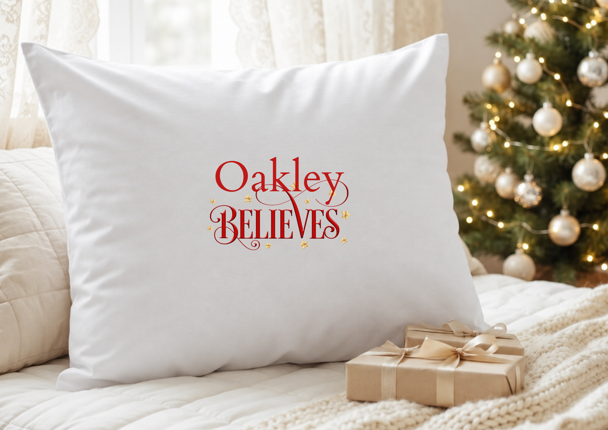 Personalised Christmas pillowcase with name and red believes lettering