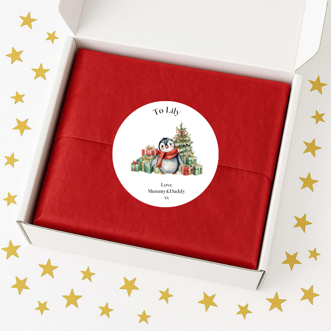 Personalised Christmas gift stickers with penguin, Christmas tree and presents