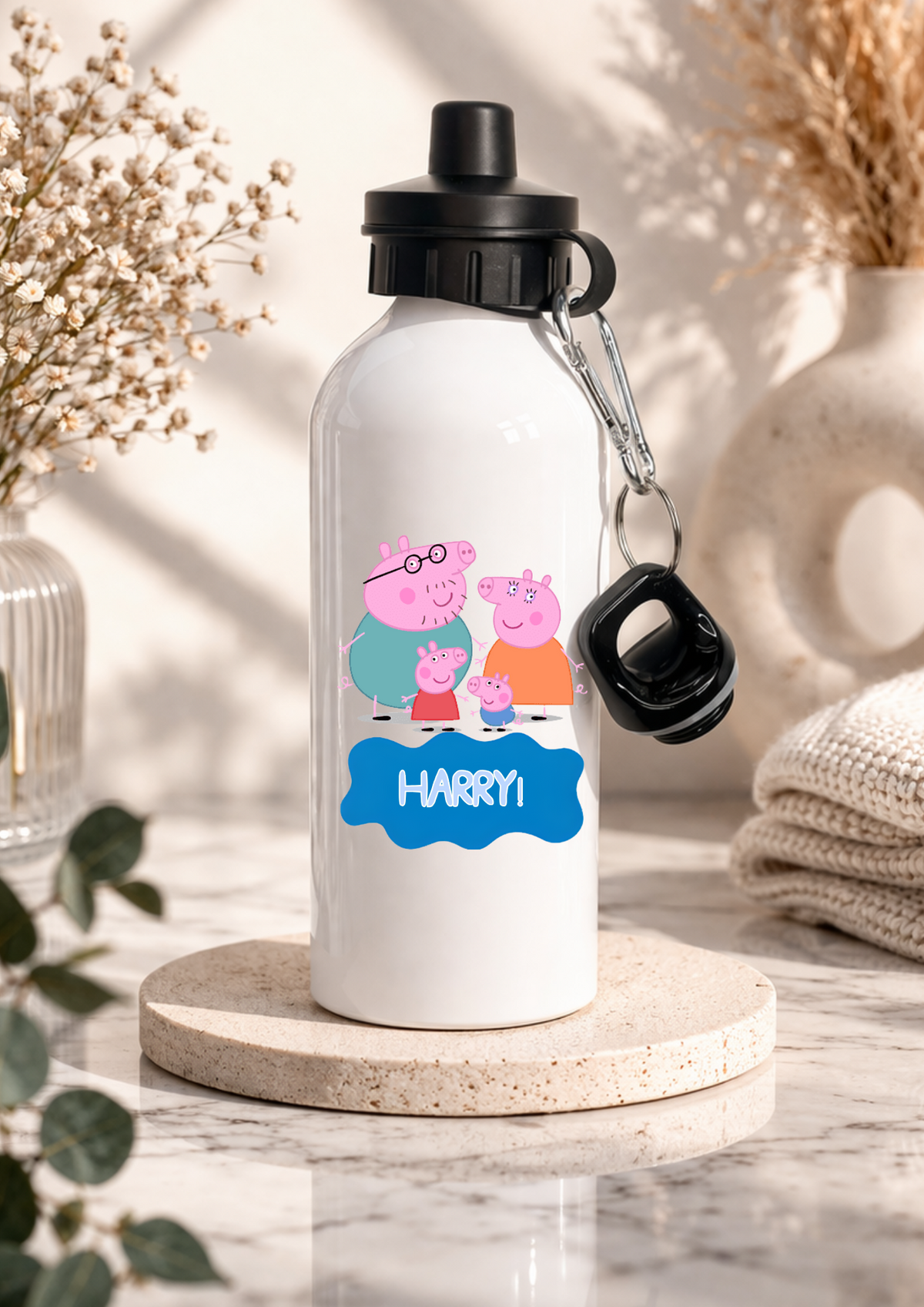 Personalised pig family children's water bottle