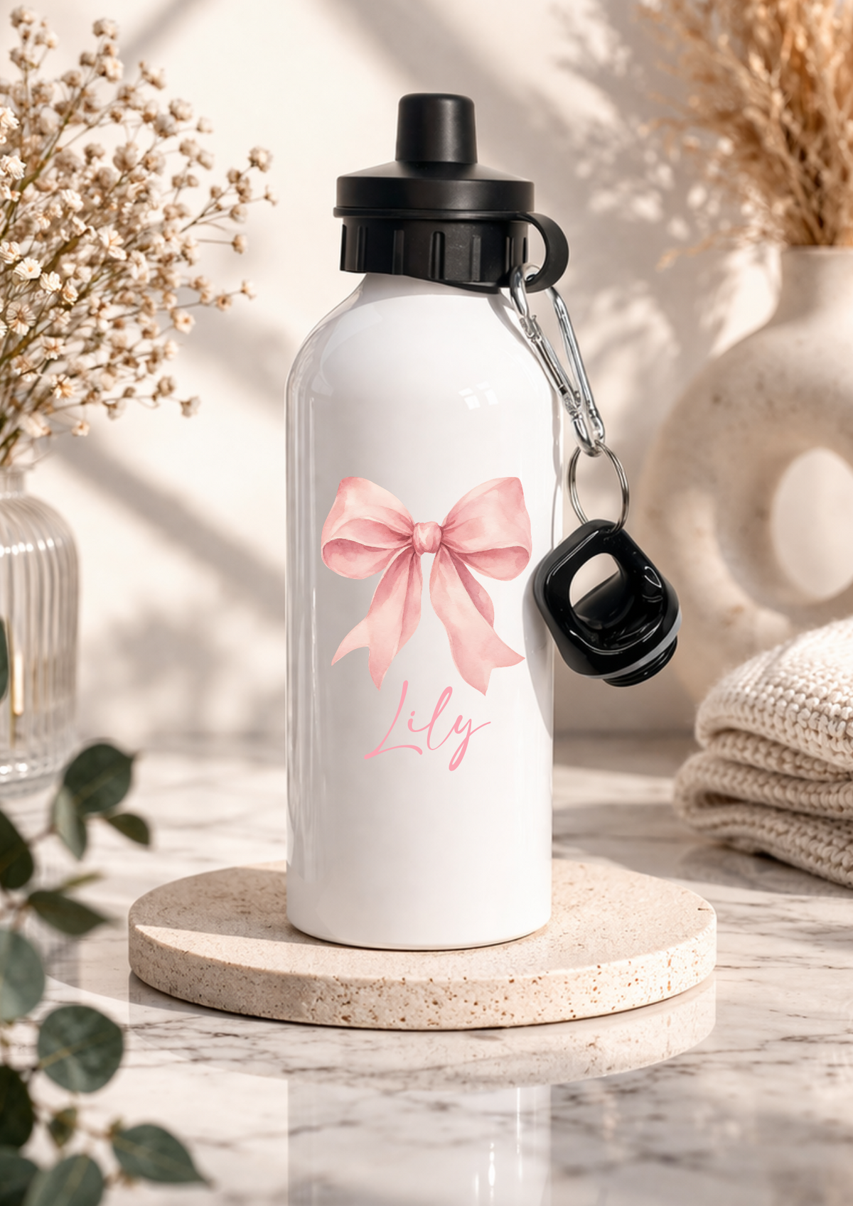 Personalised pink bow script name water bottle
