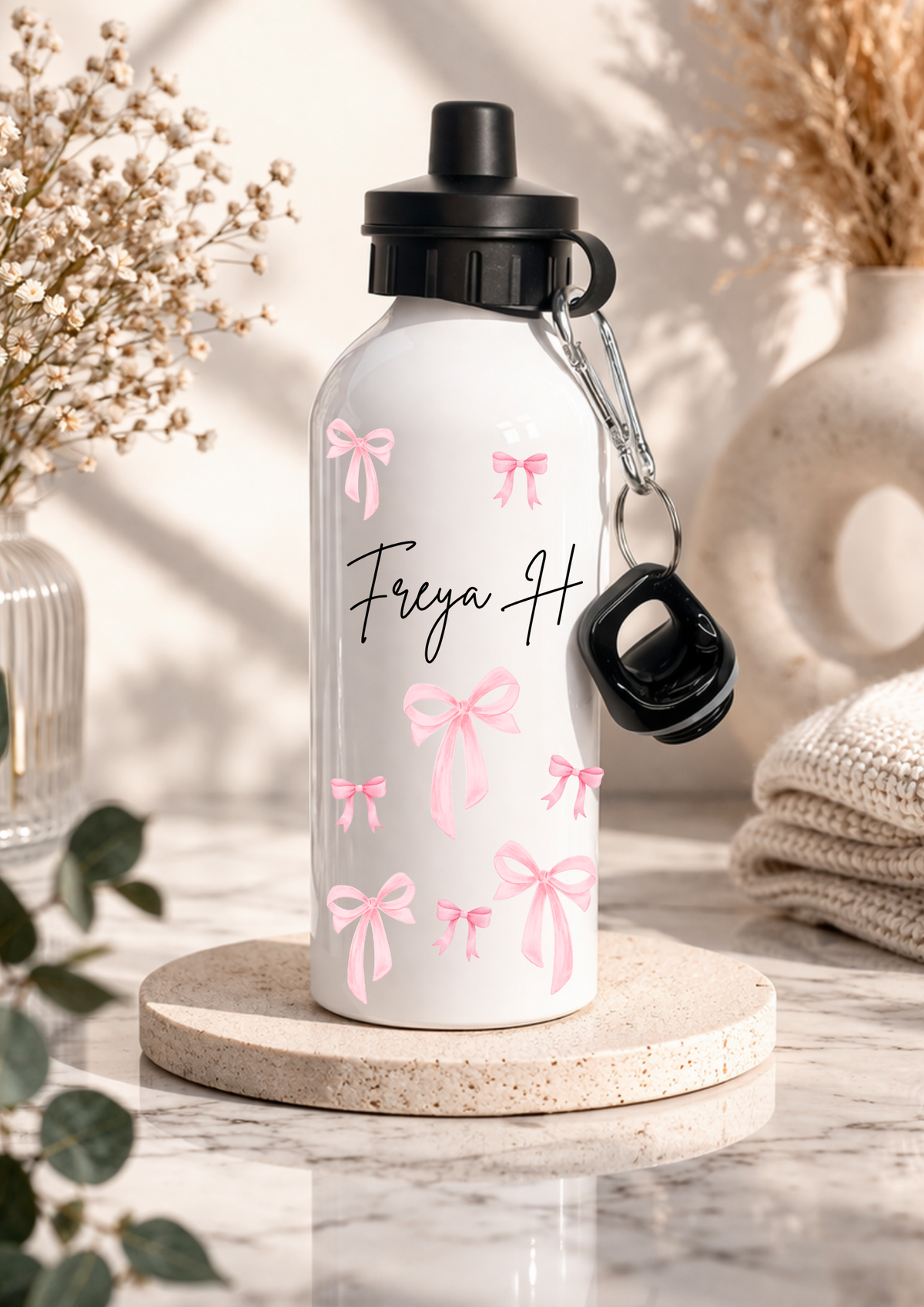 Personalised pink bow name water bottle