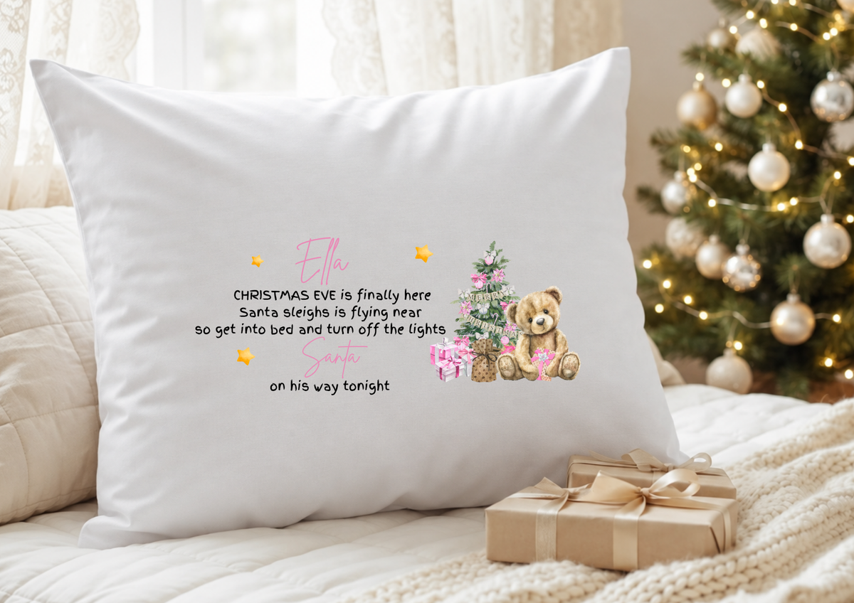 Personalised pink Christmas Eve pillowcase with teddy, tree and Santa poem