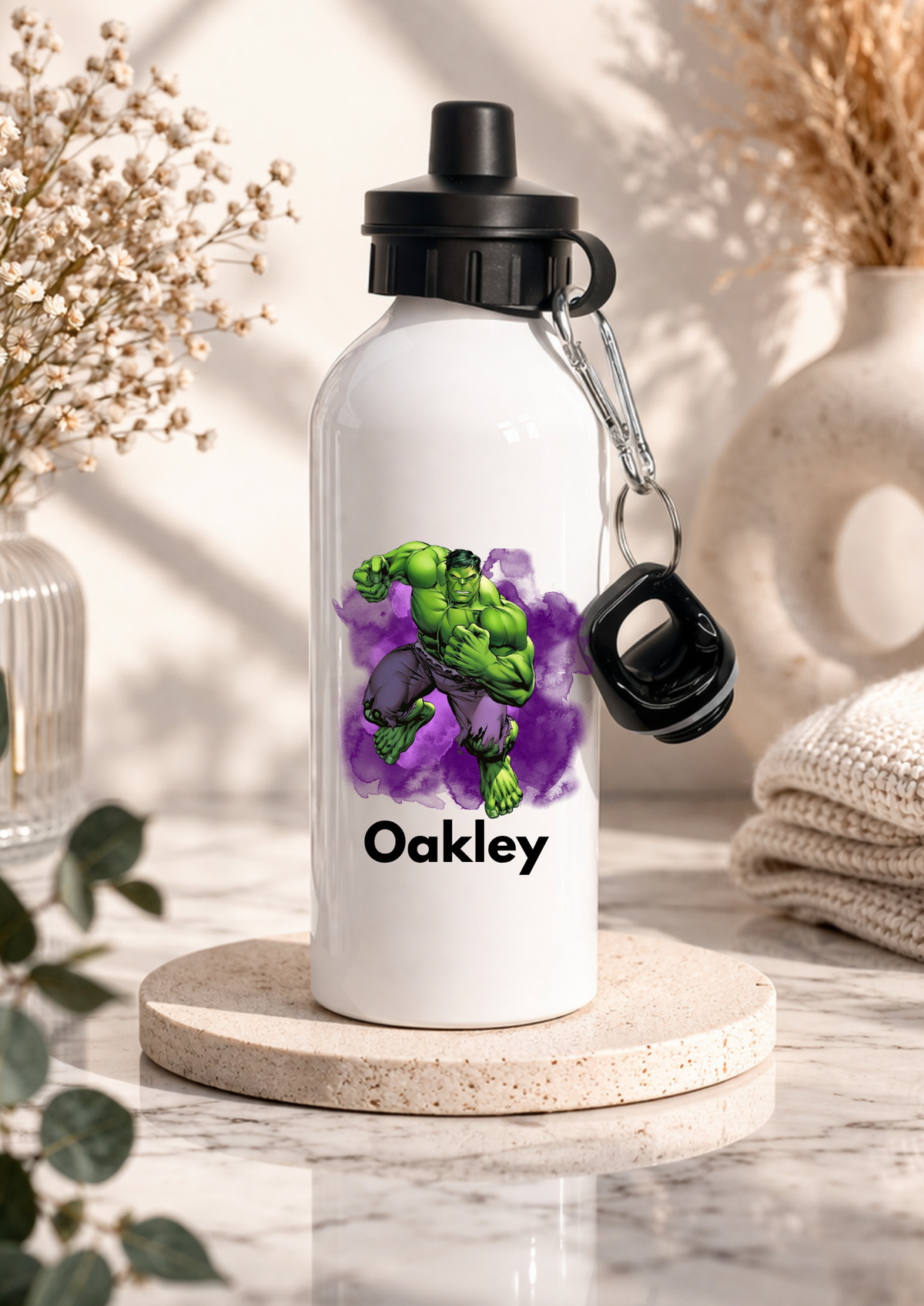 Personalised purple and green superhero water bottle