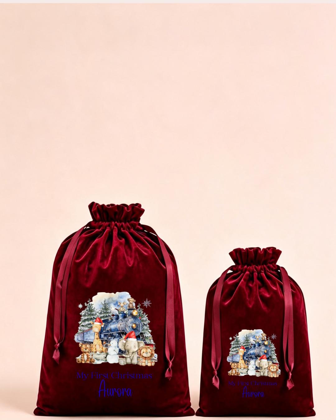 Personalised red velvet Christmas sack in medium and large with blue Christmas friends design