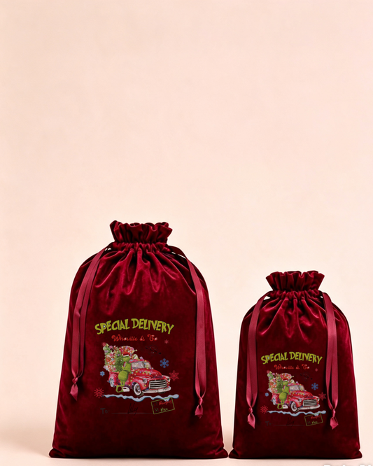 Personalised red velvet Christmas sack in medium and large with special delivery Christmas train