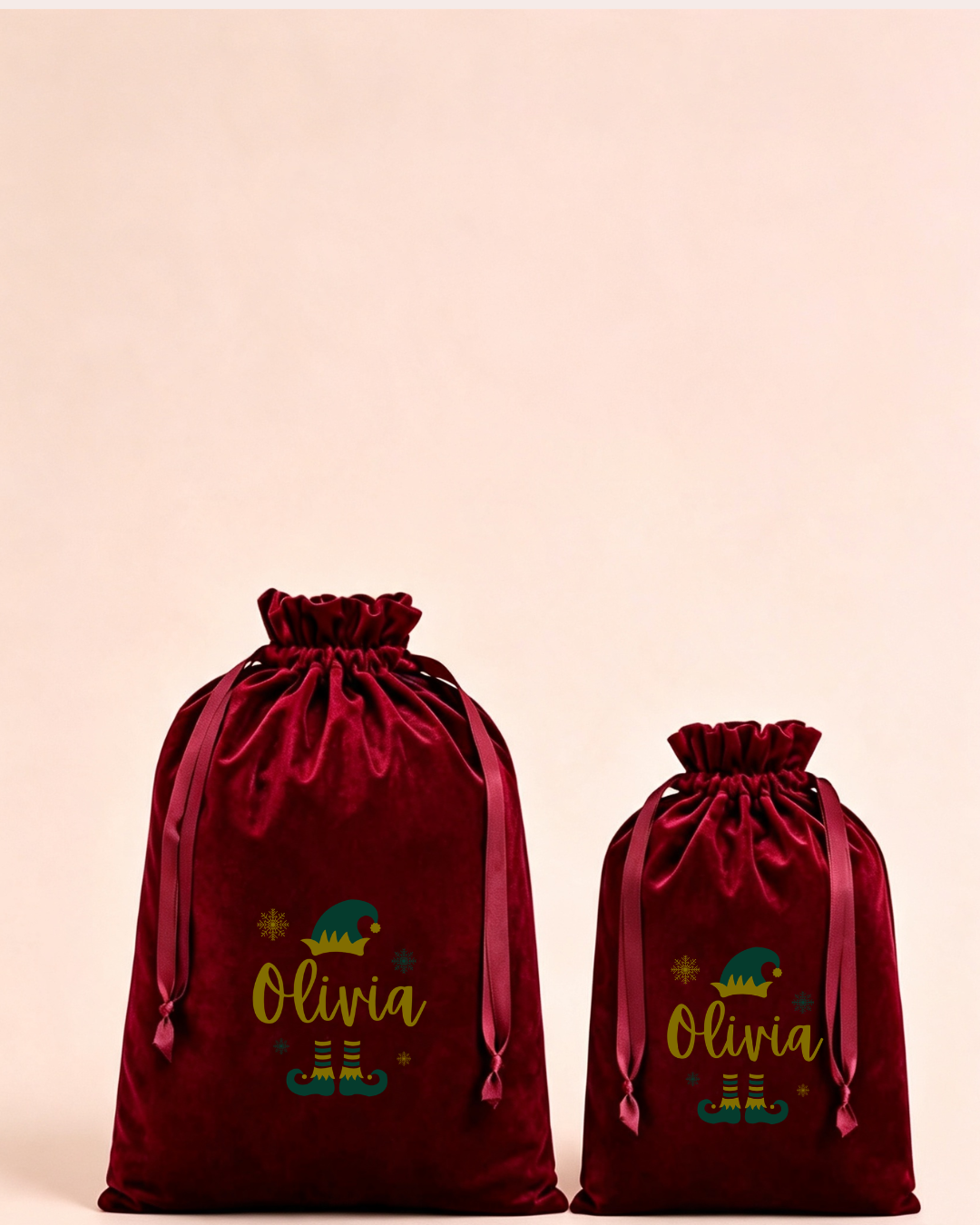 Personalised red velvet Christmas sack in medium and large with colourful elf hat name design