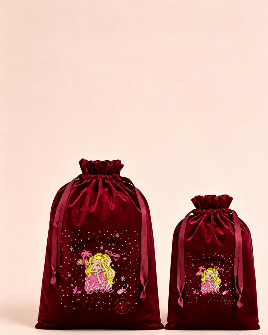Personalised red velvet Christmas sack in medium and large with fairytale princess design