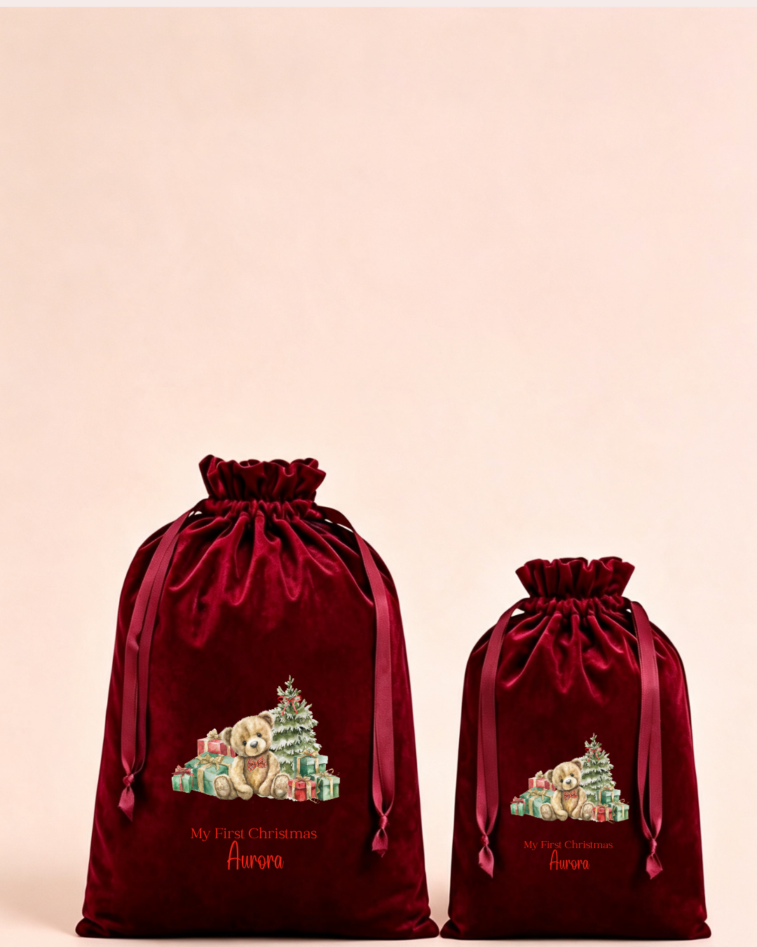 Personalised red velvet Christmas sack in medium and large with festive animals and Christmas train