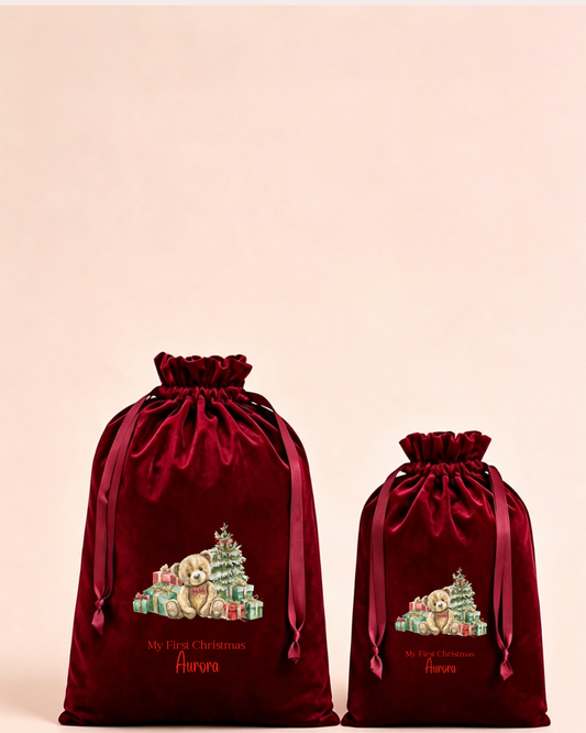 Personalised red velvet Christmas sack in medium and large with festive animals and Christmas train