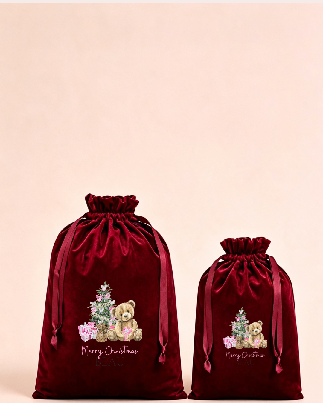 Personalised red velvet Christmas sack in medium and large with festive bear and Christmas tree