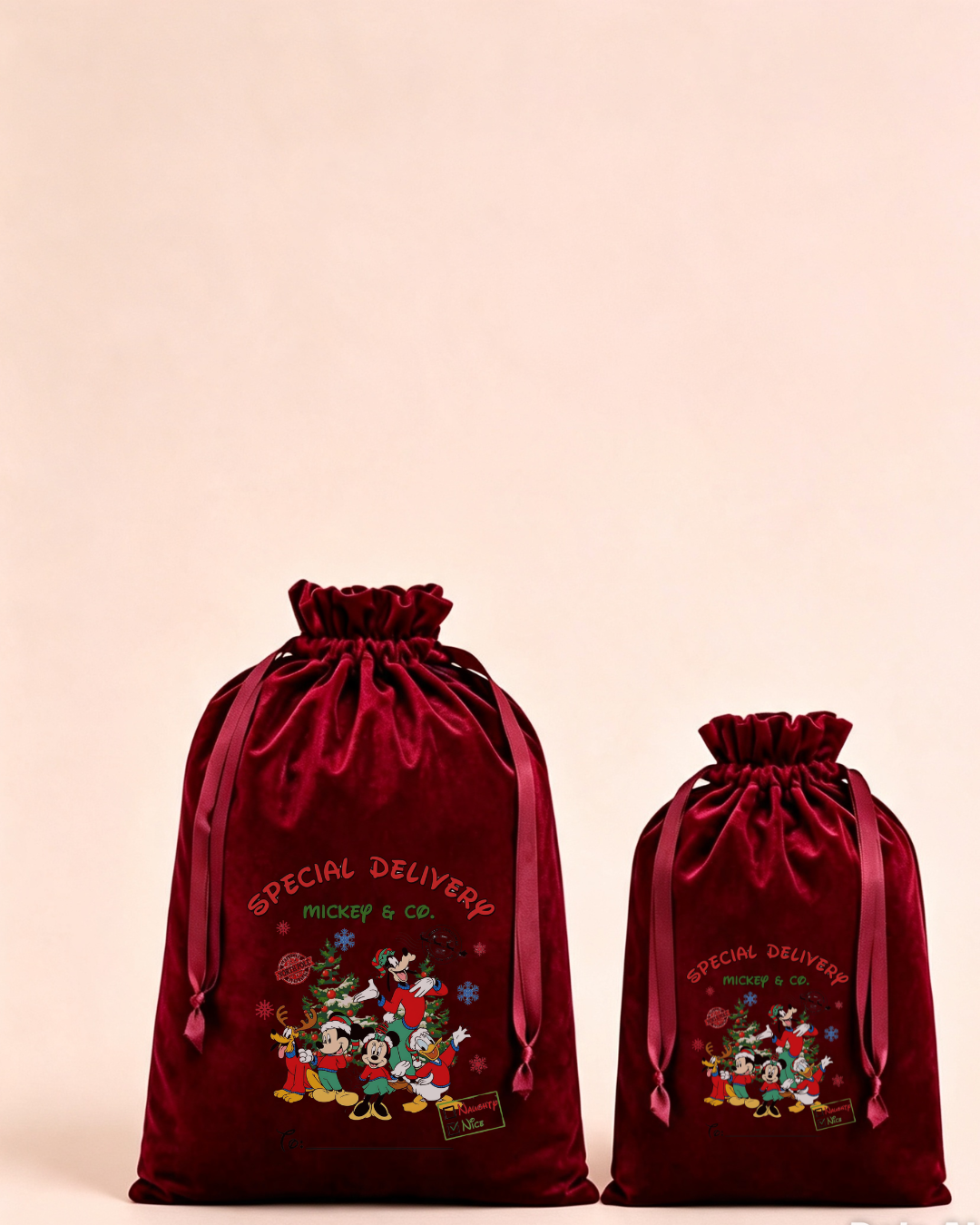 Personalised red velvet Christmas sack in medium and large with special delivery festive cartoon friends