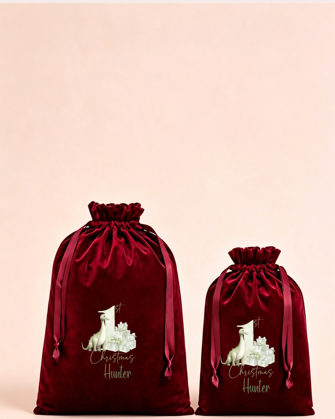 Personalised red velvet Christmas sack in medium and large with first Christmas bunny design