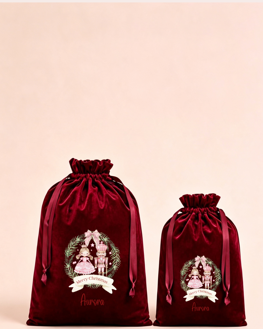 Personalised red velvet Christmas sack in medium and large with pink nutcracker snow globe