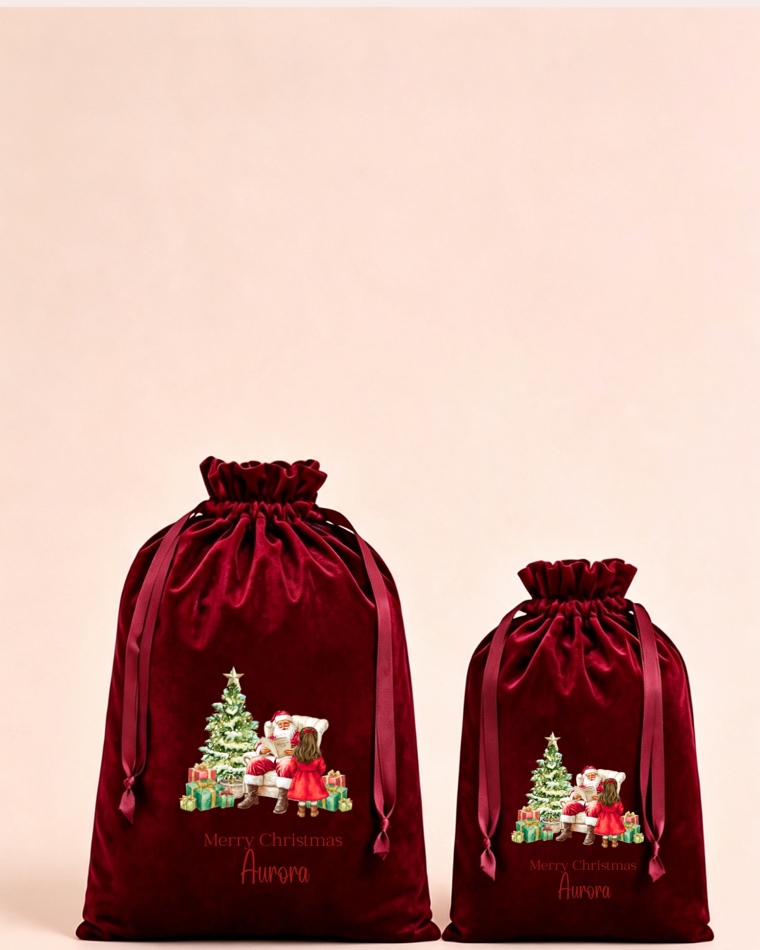 Personalised red velvet Christmas sack in medium and large with reindeer and presents