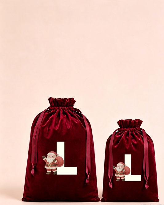 Personalised red velvet Christmas sack in medium and large with Santa and large initial design