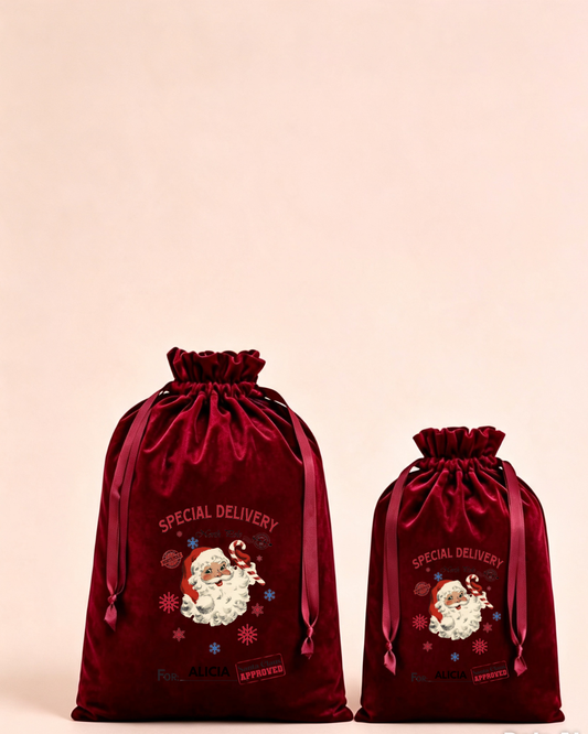 Personalised red velvet Christmas sack in medium and large with special delivery Santa design