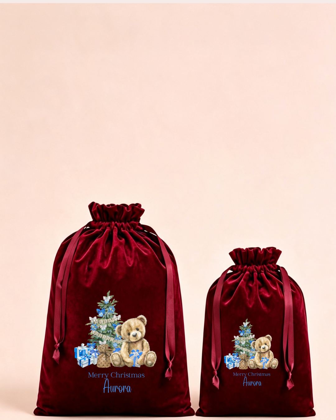 Personalised red velvet Christmas sack in medium and large with teddy bear and Christmas gifts