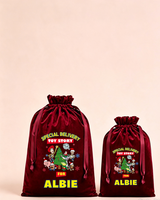Personalised red velvet Christmas sack in medium and large with special delivery toy friends design