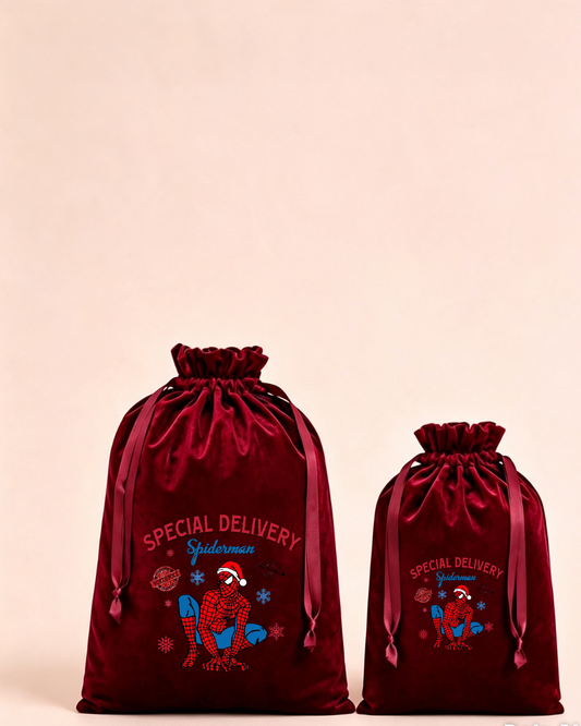 Personalised red velvet Christmas sack in medium and large with special delivery web hero design