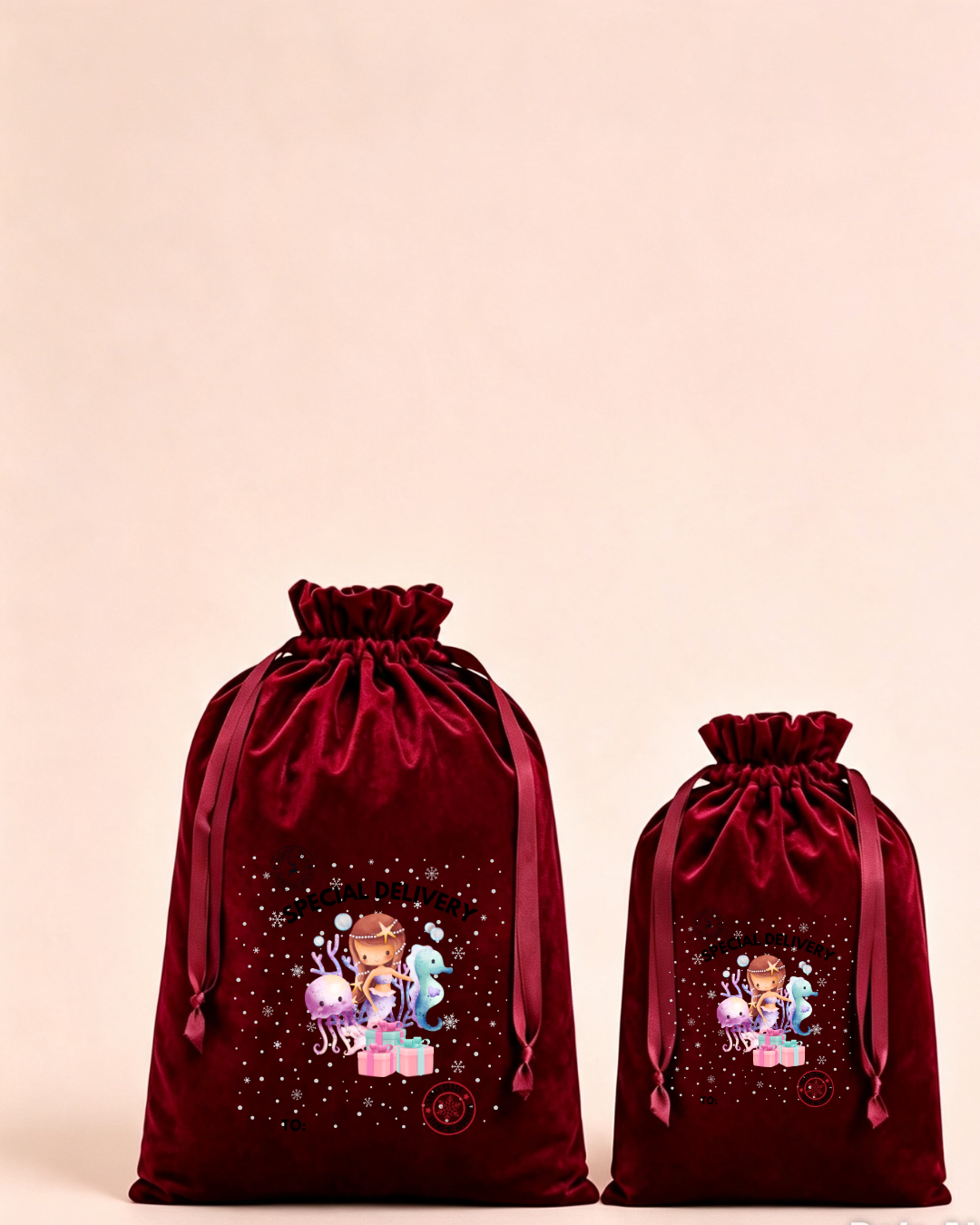 Personalised red velvet Christmas sack in medium and large with winter princess friends design