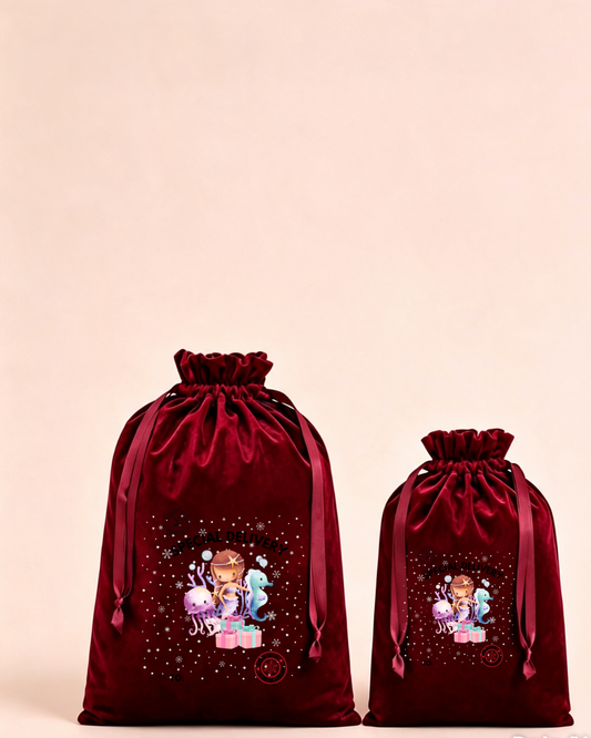 Personalised red velvet Christmas sack in medium and large with winter princess friends design