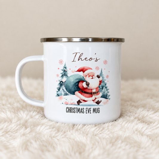 White enamel-style Christmas Eve mug with silver rim, personalised Theo name and watercolour Santa design