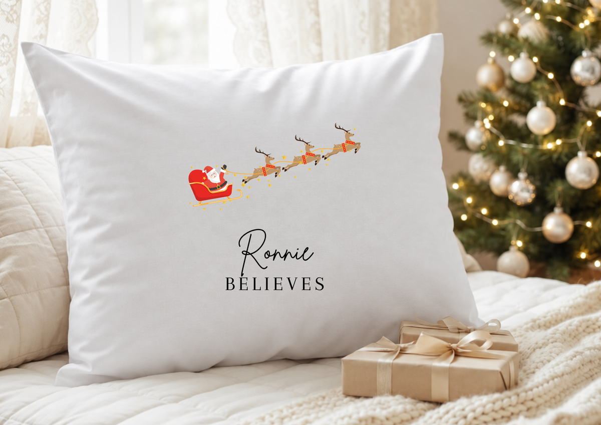 Personalised Christmas pillowcase with Santa sleigh and believes design