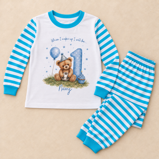 Personalised blue striped children’s birthday pyjamas with teddy bear, age and name