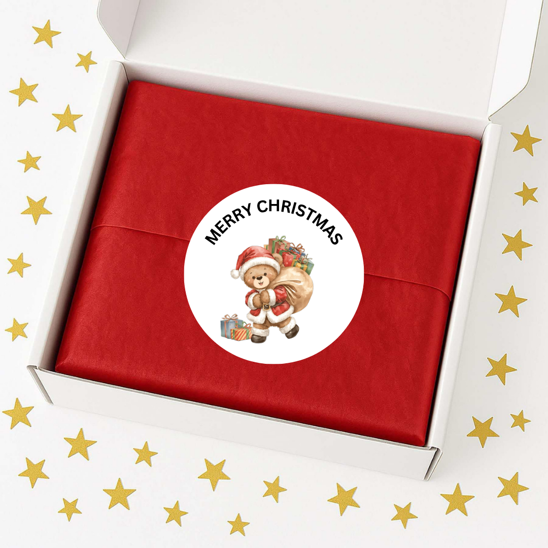 Personalised Christmas gift stickers with teddy bear and Santa sack