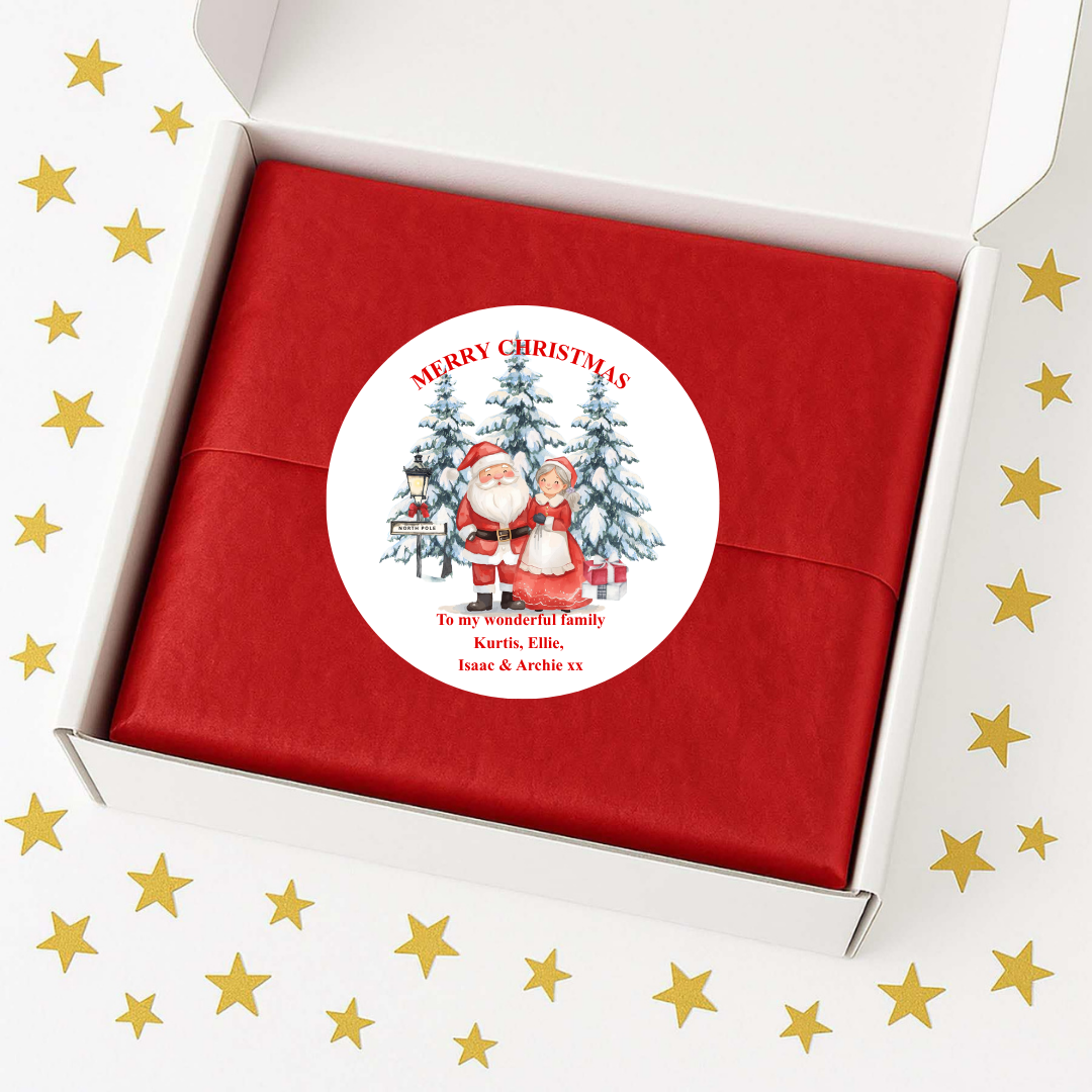 Personalised Christmas gift stickers with traditional Santa family winter scene