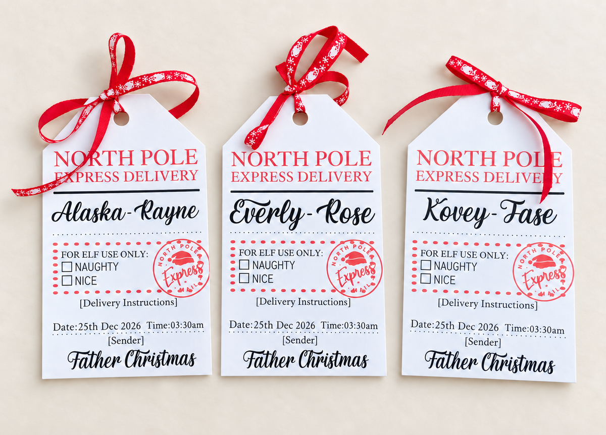 Personalised XL North Pole Express Christmas gift tags with children's names and red ribbon