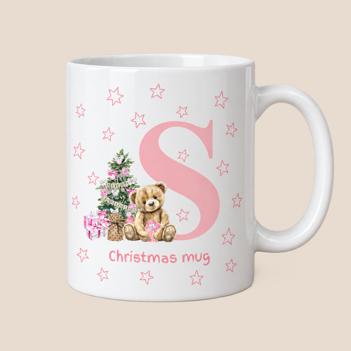Personalised Pink Initial Teddy Christmas Mug with custom name
