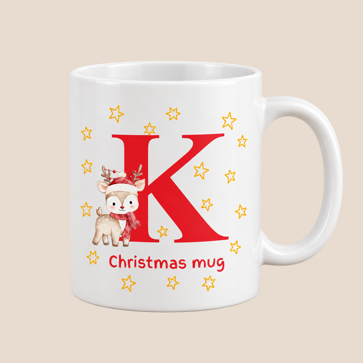 Personalised Reindeer Initial Christmas Mug with custom name
