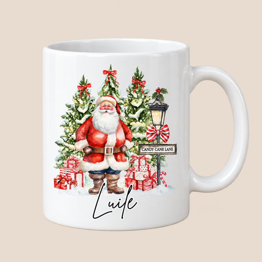 Personalised Candy Cane Lane Santa Mug with custom name