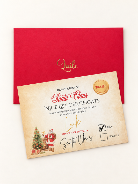 Personalised Santa Nice List certificate with red envelope on a clean cream background