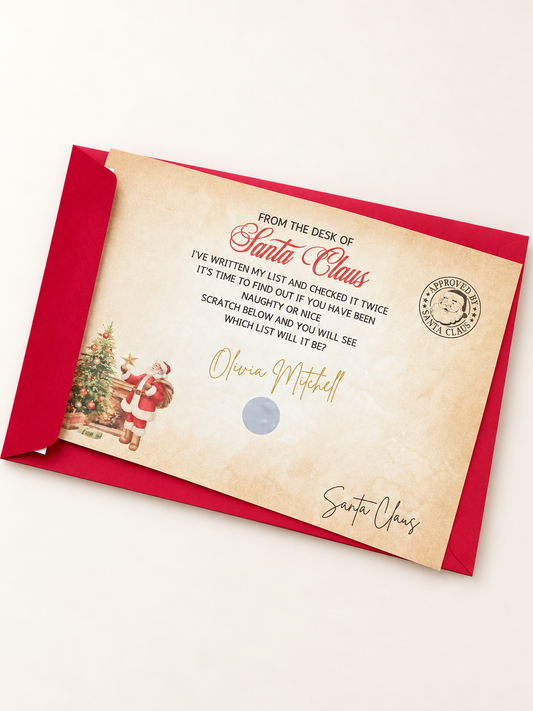 Personalised Santa Nice List scratch certificate with red envelope on a clean cream background